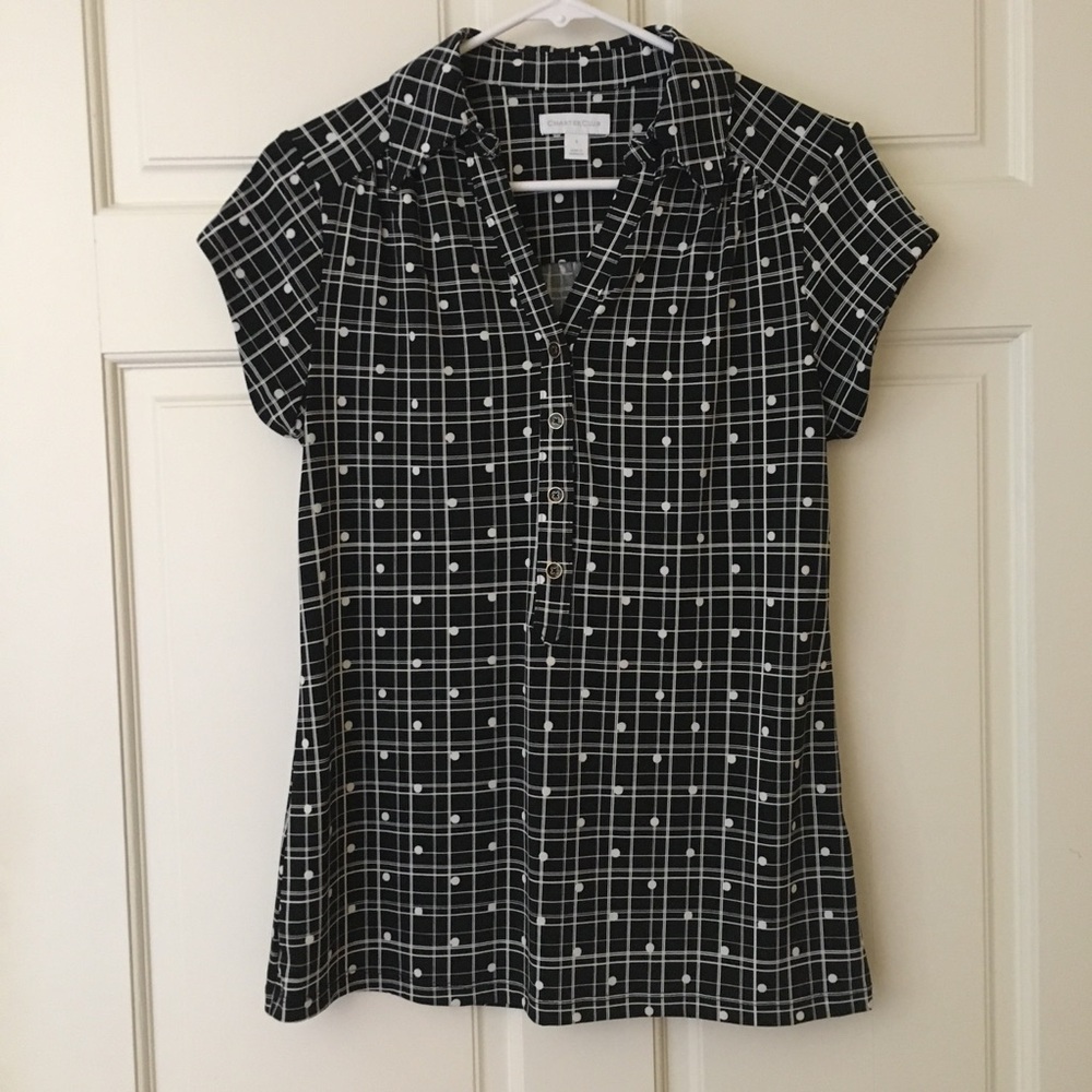 Charter Club Women's (S) Top Short Cap Sleeve Vneck Shirt Black White Polka Dot